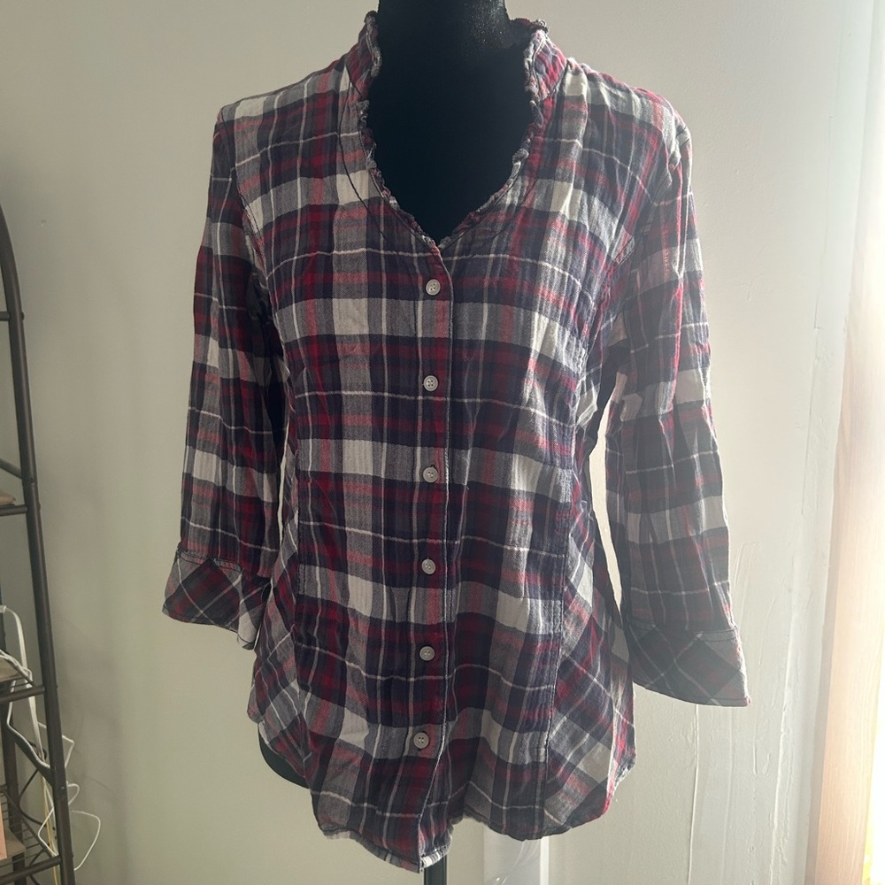 Guess Burgundy and White Plaid Button-Down Shirt